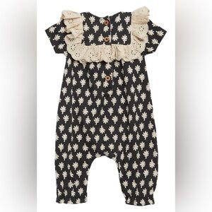 Jessica Simpson Kids' Eyelet Ruffle Trimmed Yoke Coverall, Black, 3-6 mos, NWT